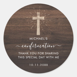 Rustic Wood Cross Confirmation Custom Classic Round Sticker