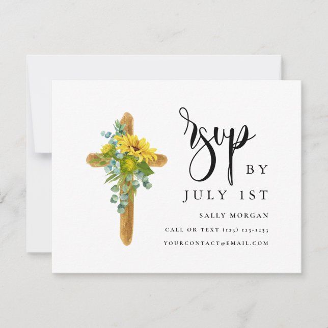 Rustic Wood Cross Elegant Script Baptism RSVP Card (Front)