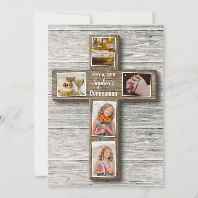 Rustic Wood Cross First Communion Photo Invitation (Front)