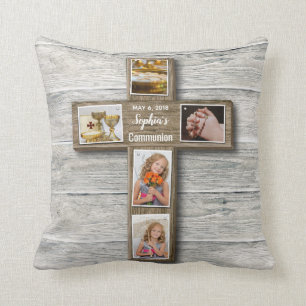 Rustic Wood Cross First Communion Photo - Pillow