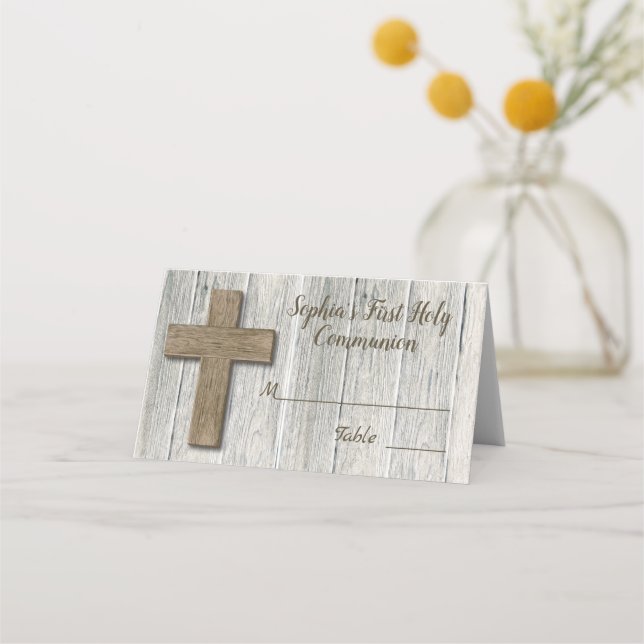 Rustic Wood Cross First Communion - Place Card (Front)
