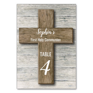 Rustic Wood Cross First Communion - Table Card