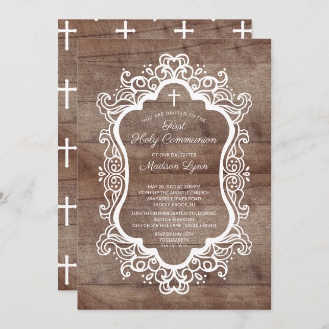 Rustic Wood Cross First Holy Communion Invitation (Front/Back)