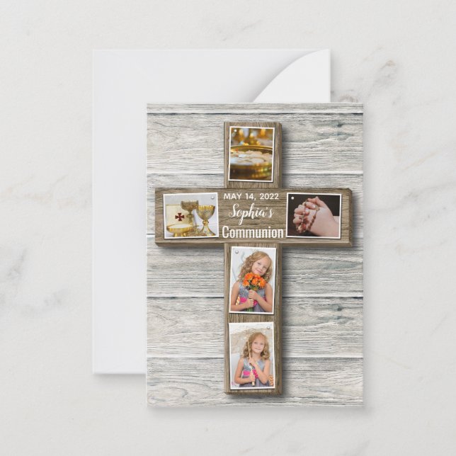 Rustic Wood Cross First Holy Communion Photo Card (Front)