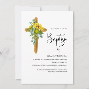 Rustic Wood Cross With Sunflowers Baptism Invitation