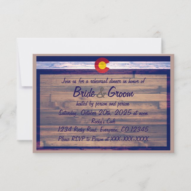 Rustic wood custom Colorado rehearsal dinner cards (Front)