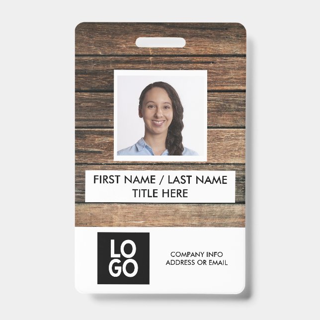 Rustic Wood Custom Employee Photo Name ID Badge (Front)