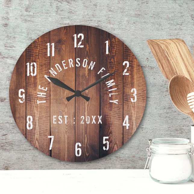 Rustic Wood Custom Family Name Farmhouse Round Clock (Creator Uploaded)