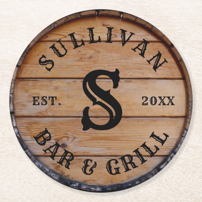 Rustic Wood Custom Family Name Monogram Initial  Round Paper Coaster (Front)