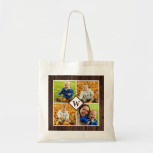 Rustic Wood Custom Monogram Family Photo Collage Tote Bag
