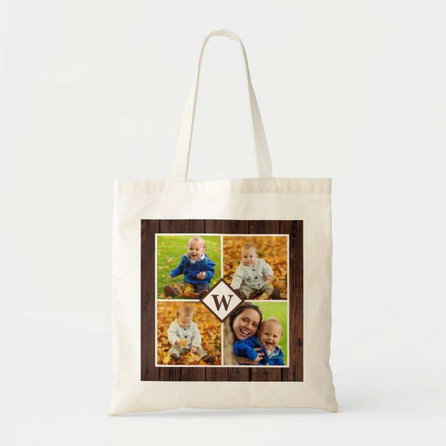 Rustic Wood Custom Monogram Family Photo Collage Tote Bag (Front)