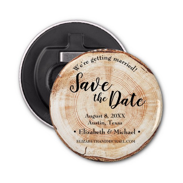 Rustic Wood Cut Disc Wedding Save the Date Bottle Opener (Front)