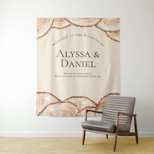 Rustic wood cut slice Custom Names Wedding Tapestry (In Situ)