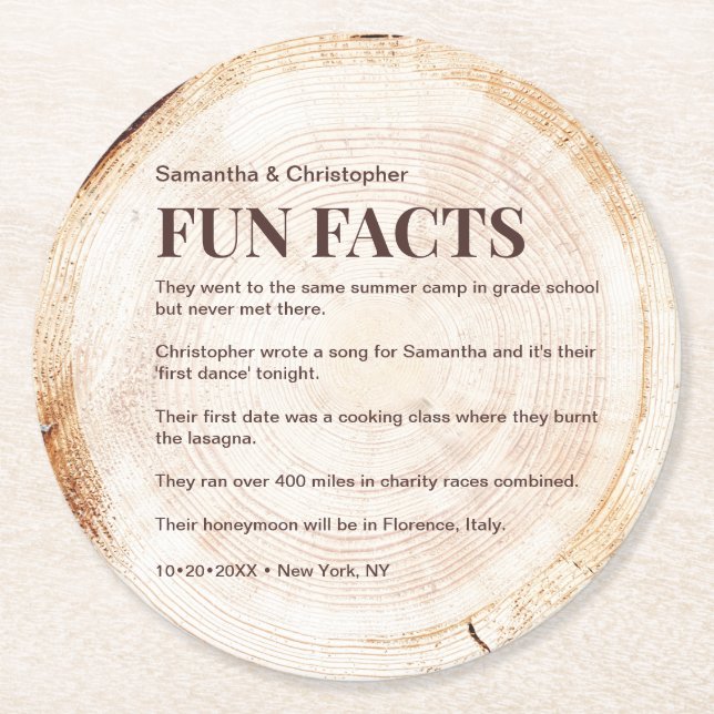 Rustic Wood Cut slice fun fact list Custom Wedding Round Paper Coaster (Front)