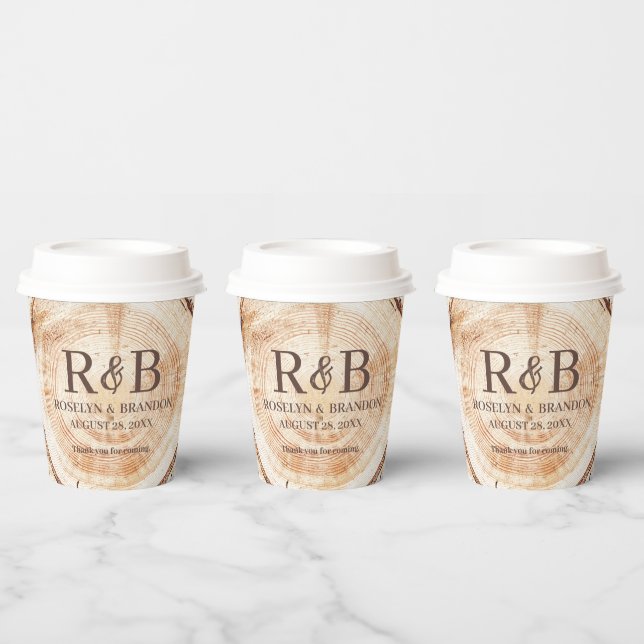 Rustic Wood Cut Slice Monogram Engagement Wedding Paper Cups (Multi)