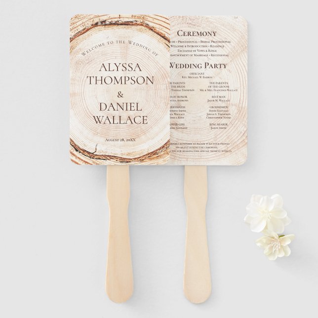 Rustic Wood Cut Slice Wedding Tree Ring Program Hand Fan (Front and Back)