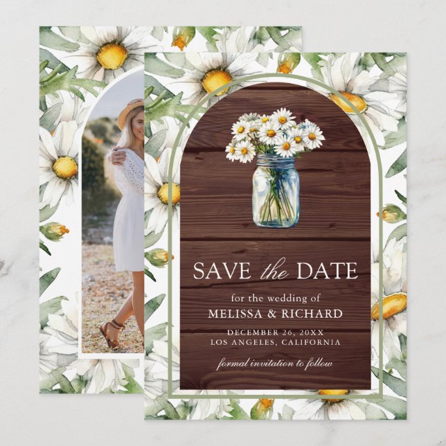 Rustic Wood Daisies Floral Mason Jar Photo Wedding Save The Date (Front/Back)