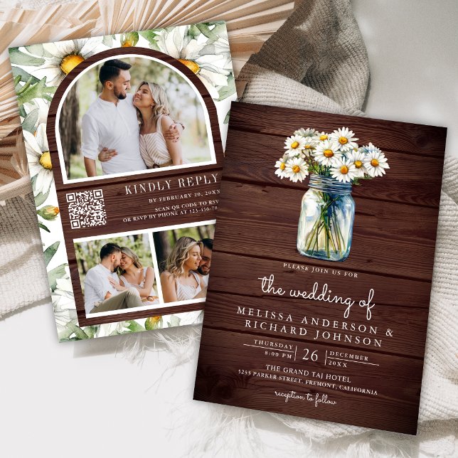 Rustic Wood Daisies Mason Jar QR Code Wedding Invitation (Creator Uploaded)