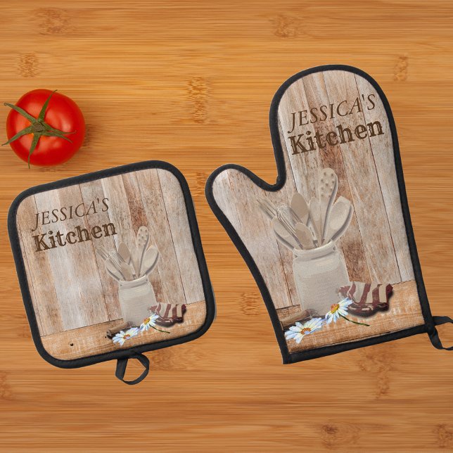 Rustic Wood Daisy Monogram Cook Name Kitchen Oven Mitt & Pot Holder Set (Creator Uploaded)