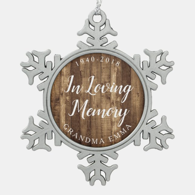 Rustic Wood Dated Personalised Memorial Snowflake Pewter Christmas Ornament (Front)