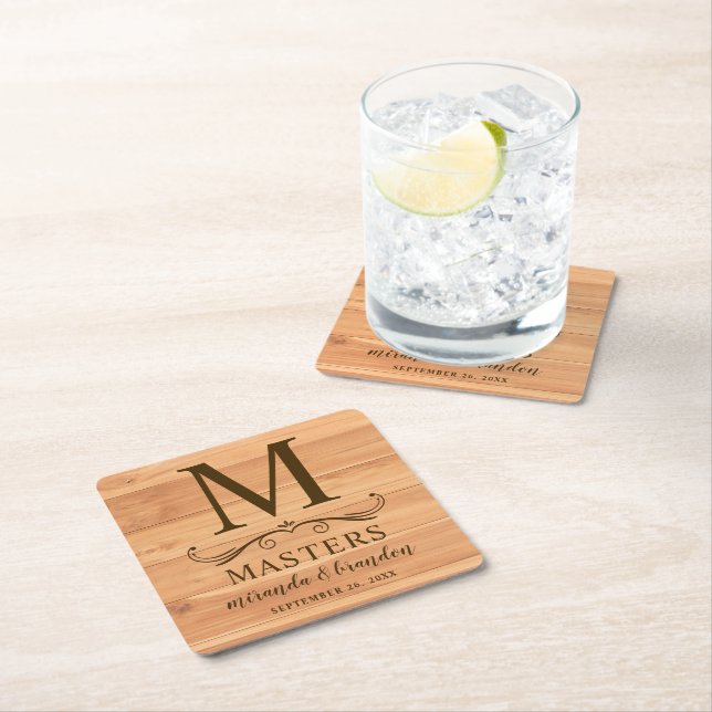 Rustic Wood Decor Initial Personalised Square Paper Coaster (Insitu)
