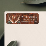 Rustic Wood Deer Antler & Greenery Family Monogram Return Address Label<br><div class="desc">Celebrate the magical and festive holiday season with our custom holiday label designs. Our modern holiday design features dark brown woodgrain texture background with faux metal deer antlers and sage green leaves monogram crest design. Personalise with last name, initial and year. All illustrations contained in this festive rustic woodgrain greenery...</div>