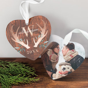 Rustic Wood Deer Antler & Greenery Monogram Photo Ornament