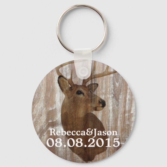 rustic wood deer the hunt is over wedding favour key ring (Front)