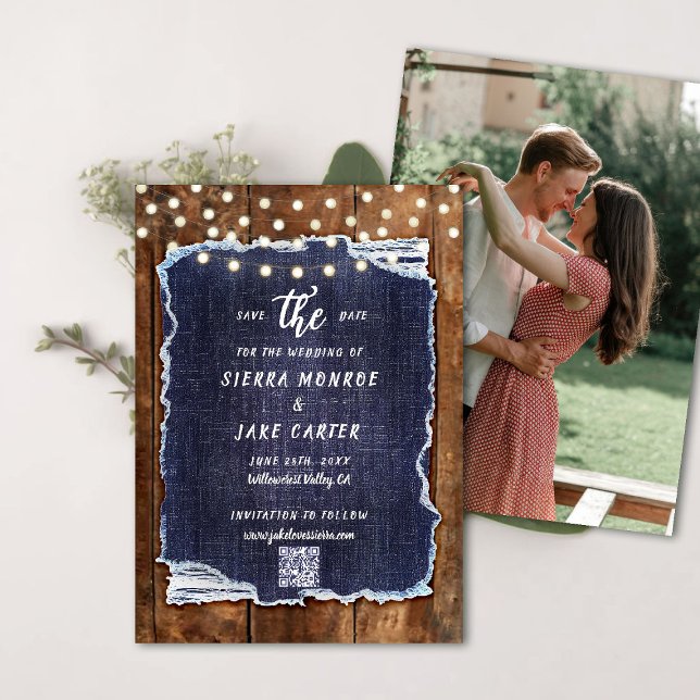 Rustic Wood Denim QR Code Photo Wedding Save Date Invitation (rustic wedding save the date cowboy barn wood denim string lights ranch country western qr code)