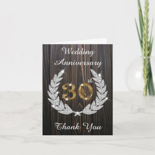 Rustic Wood Diamond Laurel 30th Anniversary Thank You Card