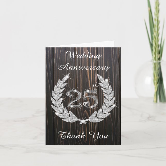 Rustic Wood Diamond Laurel Silver 25th Anniversary Thank You Card (Front)