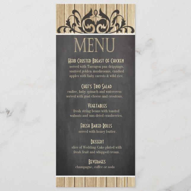 Rustic Wood Dinner Menu | blonde chalkboard (Front)