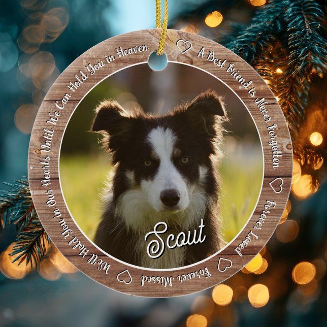 Rustic Wood Dog Memorial Forever Loved & Missed Ceramic Ornament (Wood-style memorial pet ornament with photo of dog named Scout and heartfelt remembrance text.)