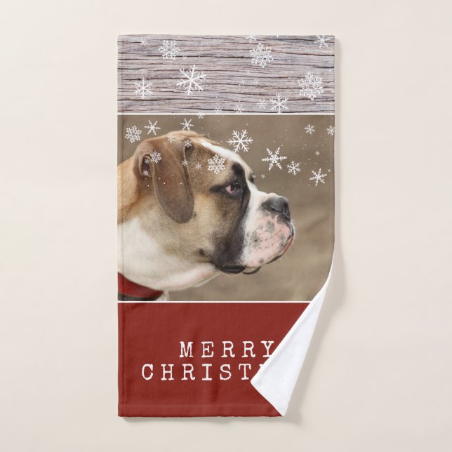 Rustic Wood Dog Pet Photo Snowflakes Christmas Hand Towel (Hand Towel)