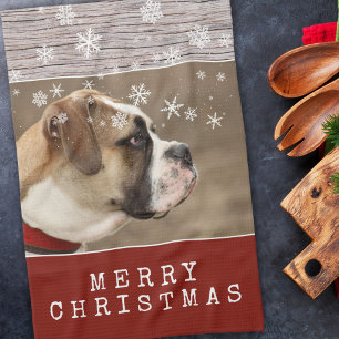 Rustic Wood Dog Pet Photo Snowflakes Christmas Tea Towel