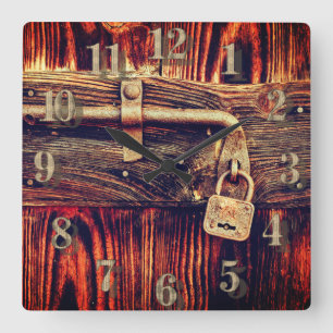 Rustic wood door with antique brass lock clock