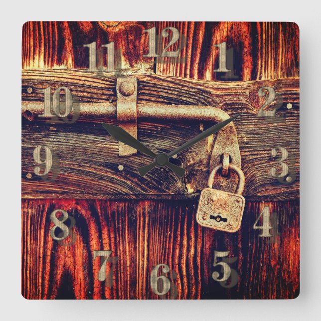 Rustic wood door with antique brass lock clock (Front)