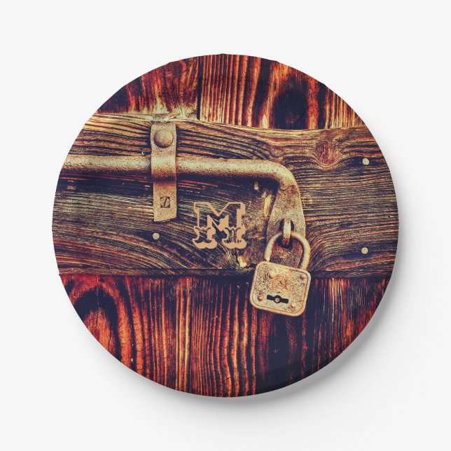 Rustic wood door with antique brass lock paper plate (Front)