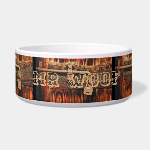 Rustic wood door with antique brass lock pet bowl