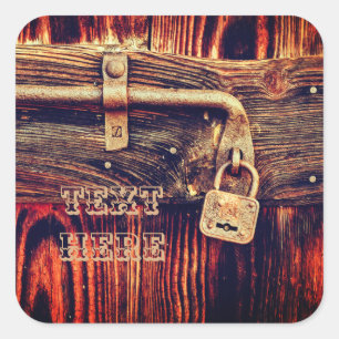 Rustic wood door with antique brass lock sticker