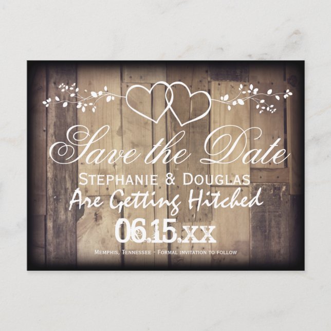 Rustic Wood Double Hearts Save the Date Postcards (Front)