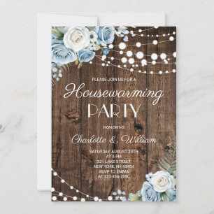 Rustic Wood Dusty Blue Floral Housewarming Party  Invitation