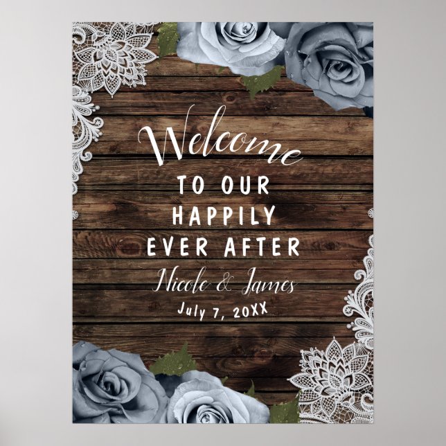 Rustic Wood Dusty Blue Roses Photo Wedding Welcome Poster (Front)