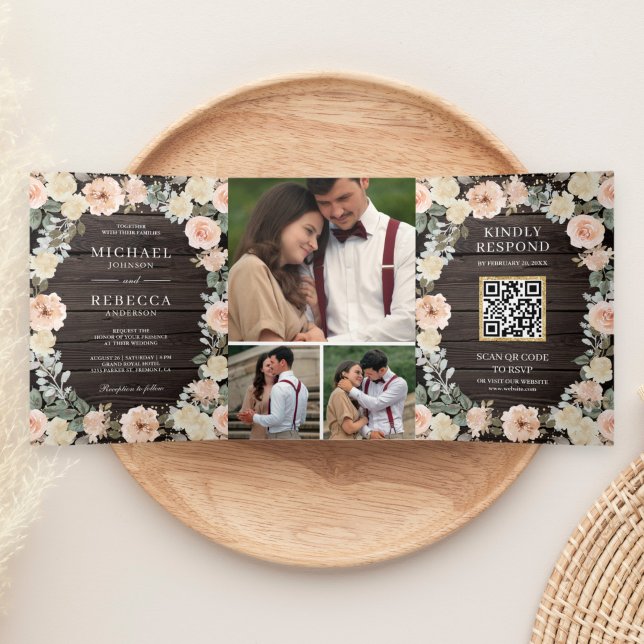 Rustic Wood Dusty Peach Floral QR Code Wedding Tri-Fold Invitation (Creator Uploaded)