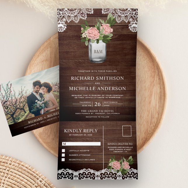 Rustic Wood Dusty Pink Rose Mason Jar Lace Wedding Tri-Fold Invitation (Creator Uploaded)