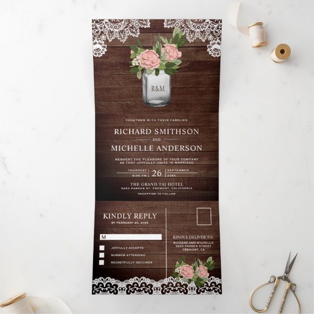 Rustic Wood Dusty Pink Rose Mason Jar Lace Wedding Tri-Fold Invitation (Inside)