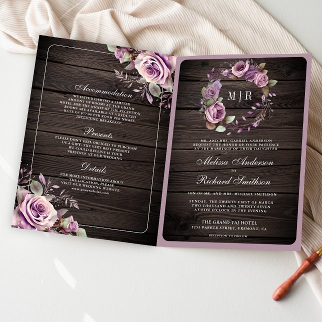 Rustic Wood Dusty Purple Floral QR Code Wedding Invitation (Creator Uploaded)