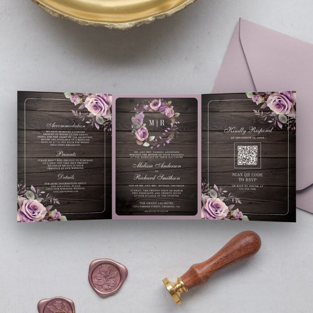 Rustic Wood Dusty Purple Floral QR Code Wedding Tri-Fold Invitation (Creator Uploaded)