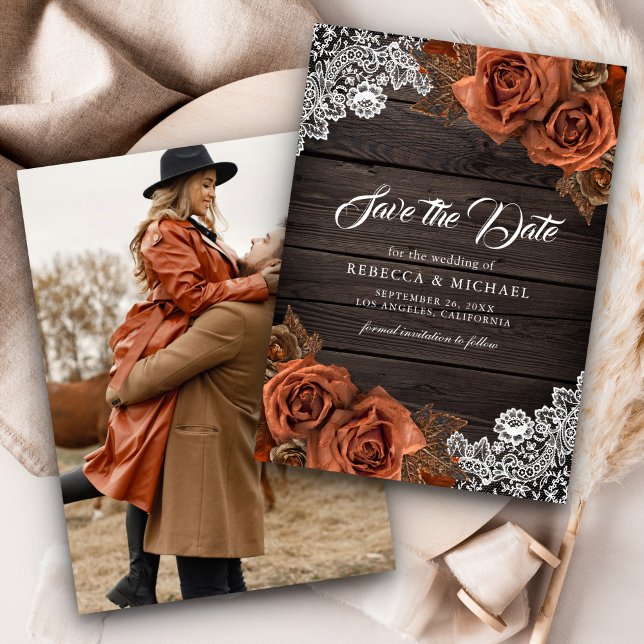 Rustic Wood Dusty Terracotta Rose Wedding Photo Save The Date (Creator Uploaded)