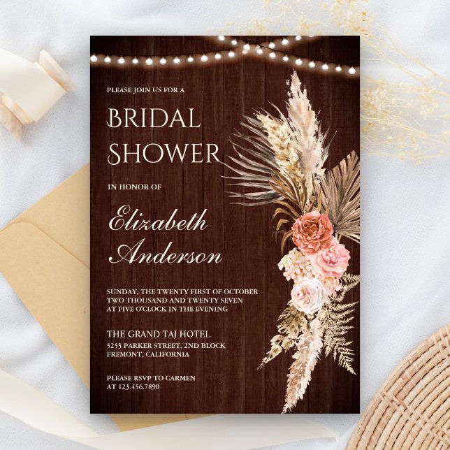 Rustic Wood Earthy Floral Pampas Bridal Shower Invitation (Creator Uploaded)